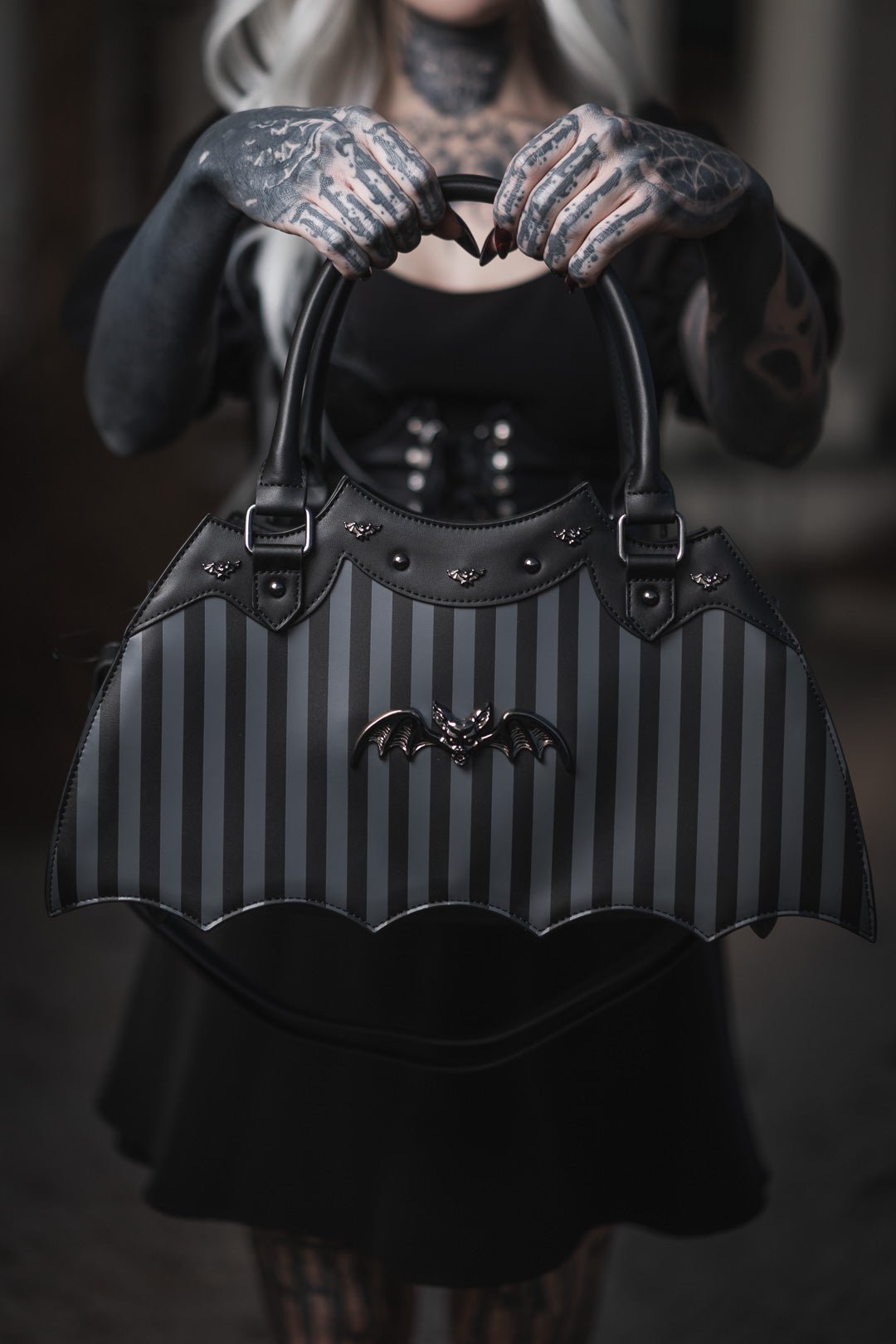 Pinstripe Bat Handbag - Rock Rebel