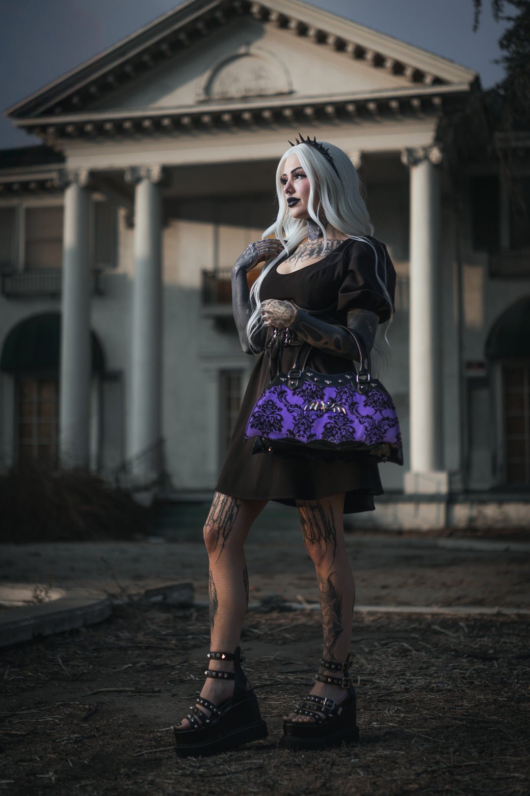 Damask Bat Handbag in Violet - Rock Rebel