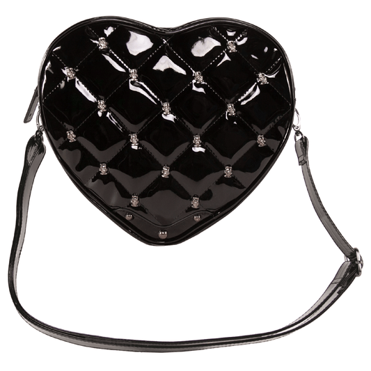 Punk Rock Inspired Heart Shaped Handbag In Patent Black By Rock Rebel
